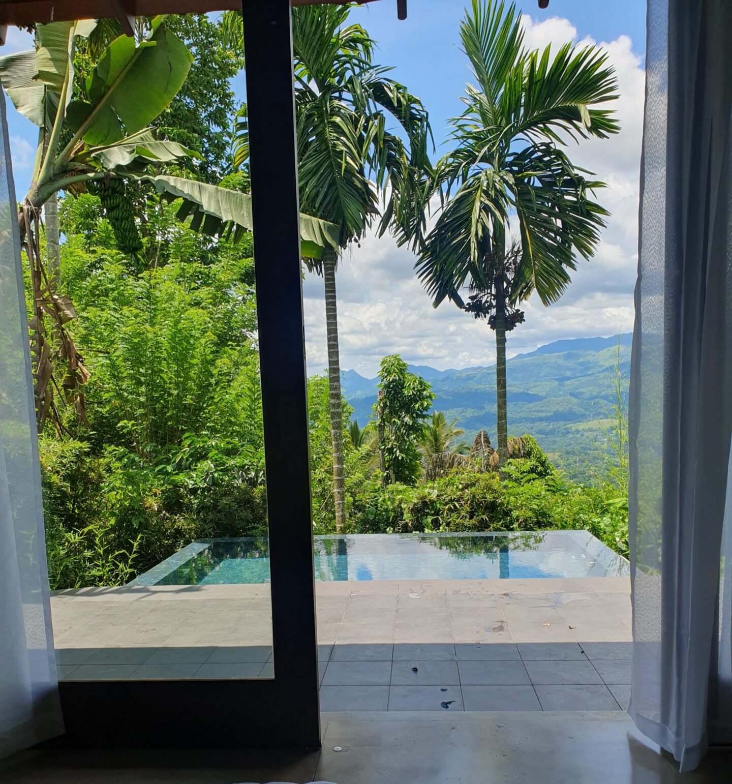 View from the bed at Aarunya looking out onto the private terrace, plunge pool, palm tree and the Knuckles Mountains