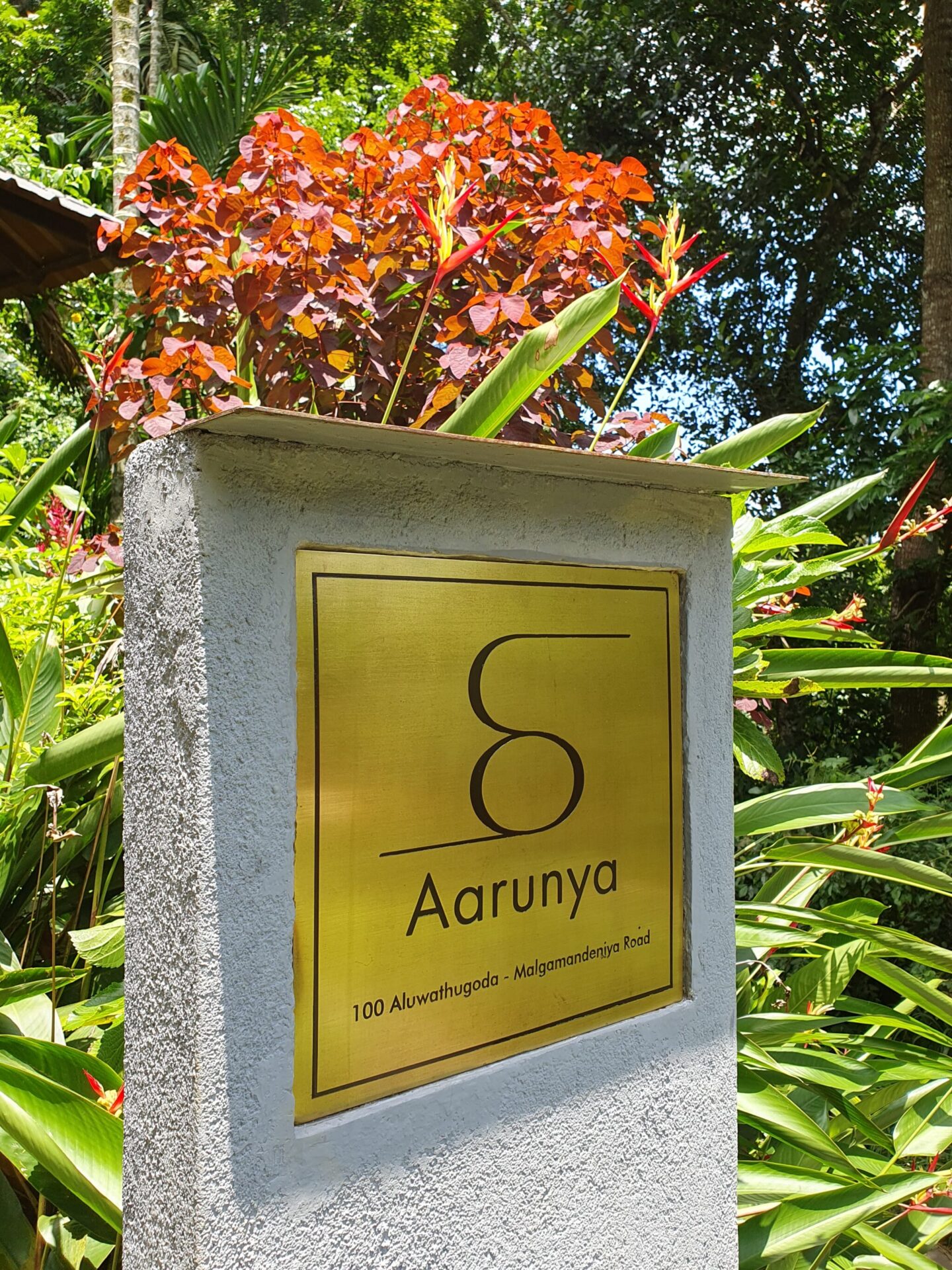 Entrance sign with Aarunya Nature Resort & Spa logo in Sri Lanka’s hill country